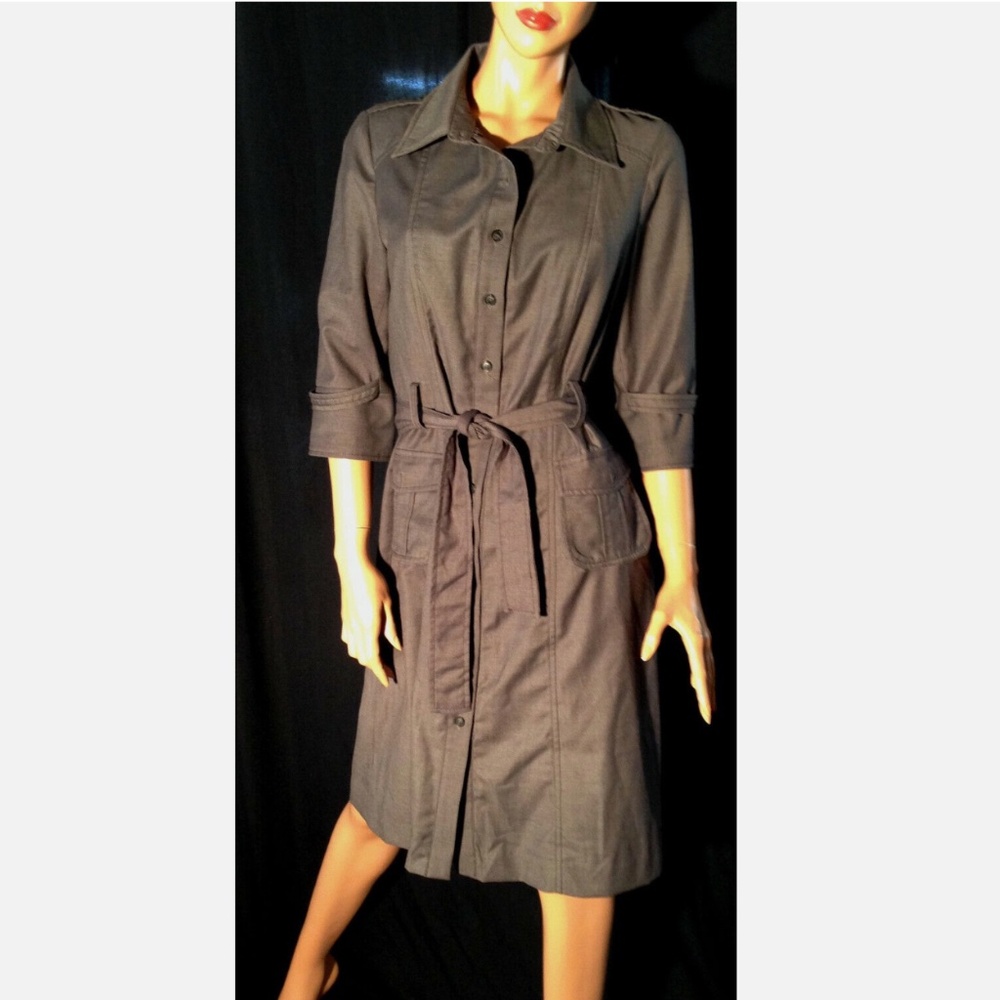 Vtg 90s ALLURA Gray Collared Button Down Shirt Dress/Sash Tie Belt~3/4 Sleeve~8 - Picture 3 of 9